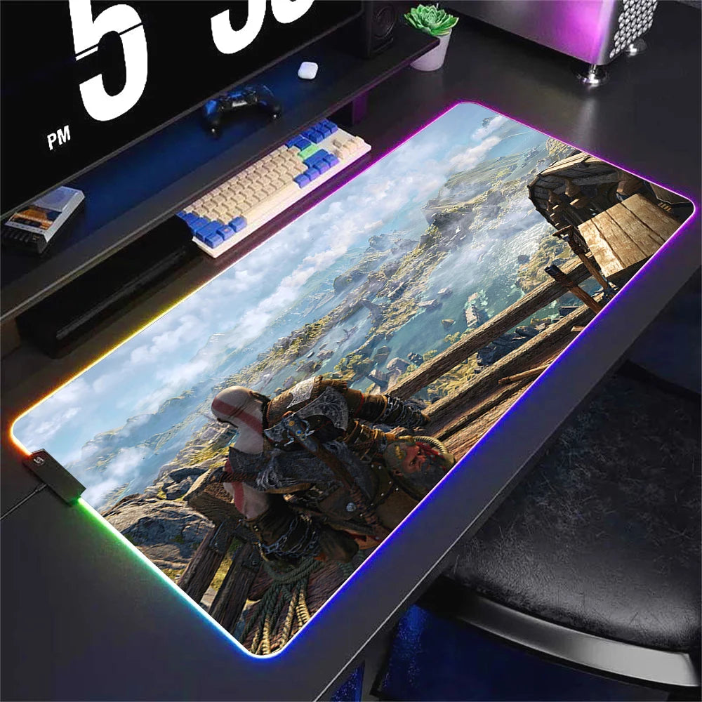 God Of War Large Kratos Atreus Mouse Pad RGB Glowing E-Sports Gamer Keyboard Rug with Extensible Phantom Color Carpet 500x1000