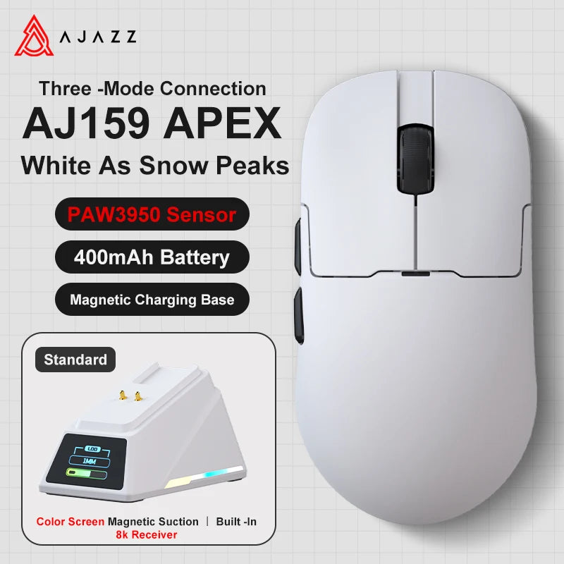 AJAZZ AJ159 APEX belaidė žaidimų pelė, lengva RGB žaidimų pelė su magnetine įkrovimo stovele, „Bluetooth“ ir 2.4GHz, iki 30,000 DPI, skirta stacionariems kompiuteriams ir nešiojamiesiems kompiuteriams