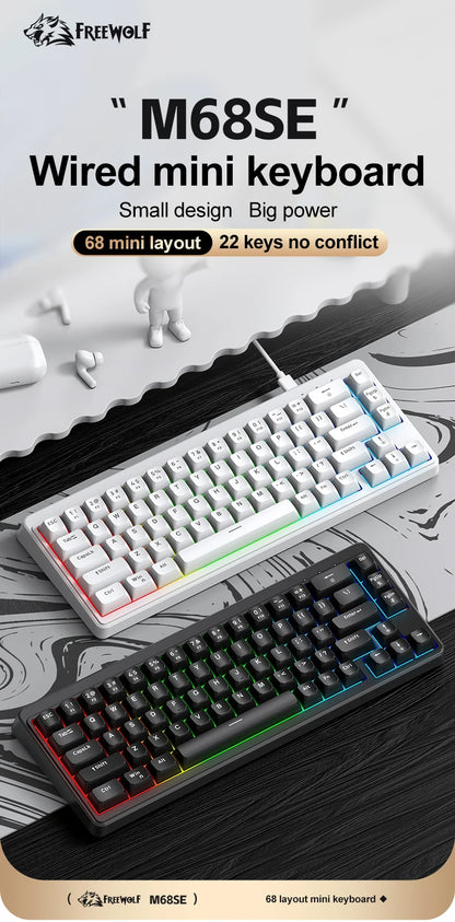 Teclado FREEWOLF M68SE com sensação mecânica, 68 teclas, mini teclado compacto com fios, silencioso, para portáteis, gaming e utilização em escritório