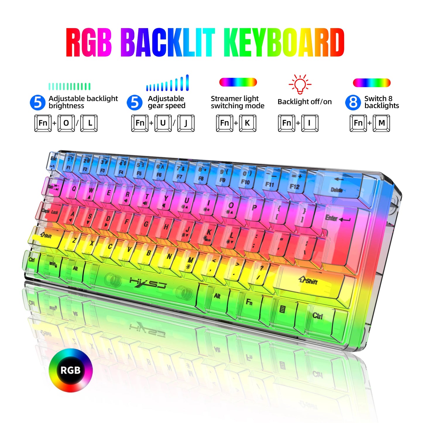 Teclado Gaming Transparente com Fio HXSJ 60%, Retroiluminação RGB, Ultra-Compacto, Impermeável, Teclado Compacto Pequeno de 61 Teclas para PC/Mac