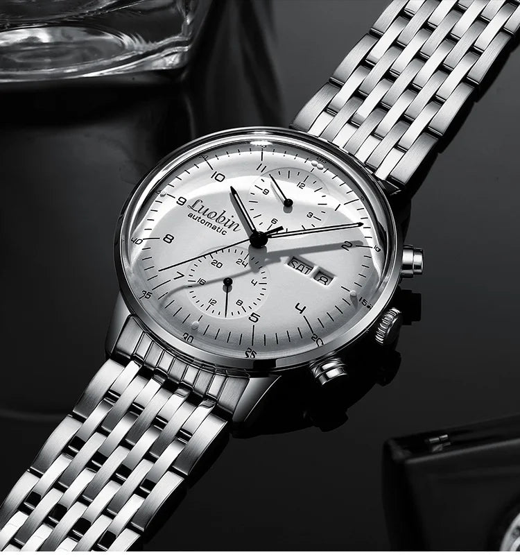 Mens Business Watch Mechanical Movement Multifunction Chronograph Stainless Steel Waterproof Automatic Calendar Sapphire