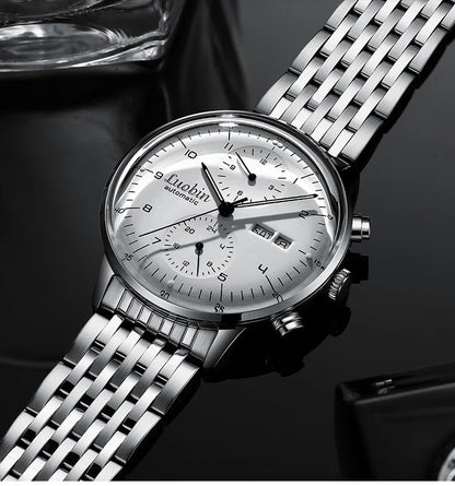 Mens Business Watch Mechanical Movement Multifunction Chronograph Stainless Steel Waterproof Automatic Calendar Sapphire