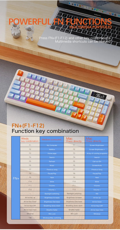 Teclado Bluetooth Sem Fios M96 FREEWOLF com Ecrã Gaming, Ecrã Eletrónico, Ligação a Vários Dispositivos, Ergonomia Gaming