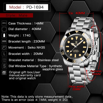 PAGANI DESIGN PD-1694 Men's 40MM Automatic Mechanical Watch Japan NH35 Movt Sapphire Glass Stainless Steel Waterproof Wristwatch