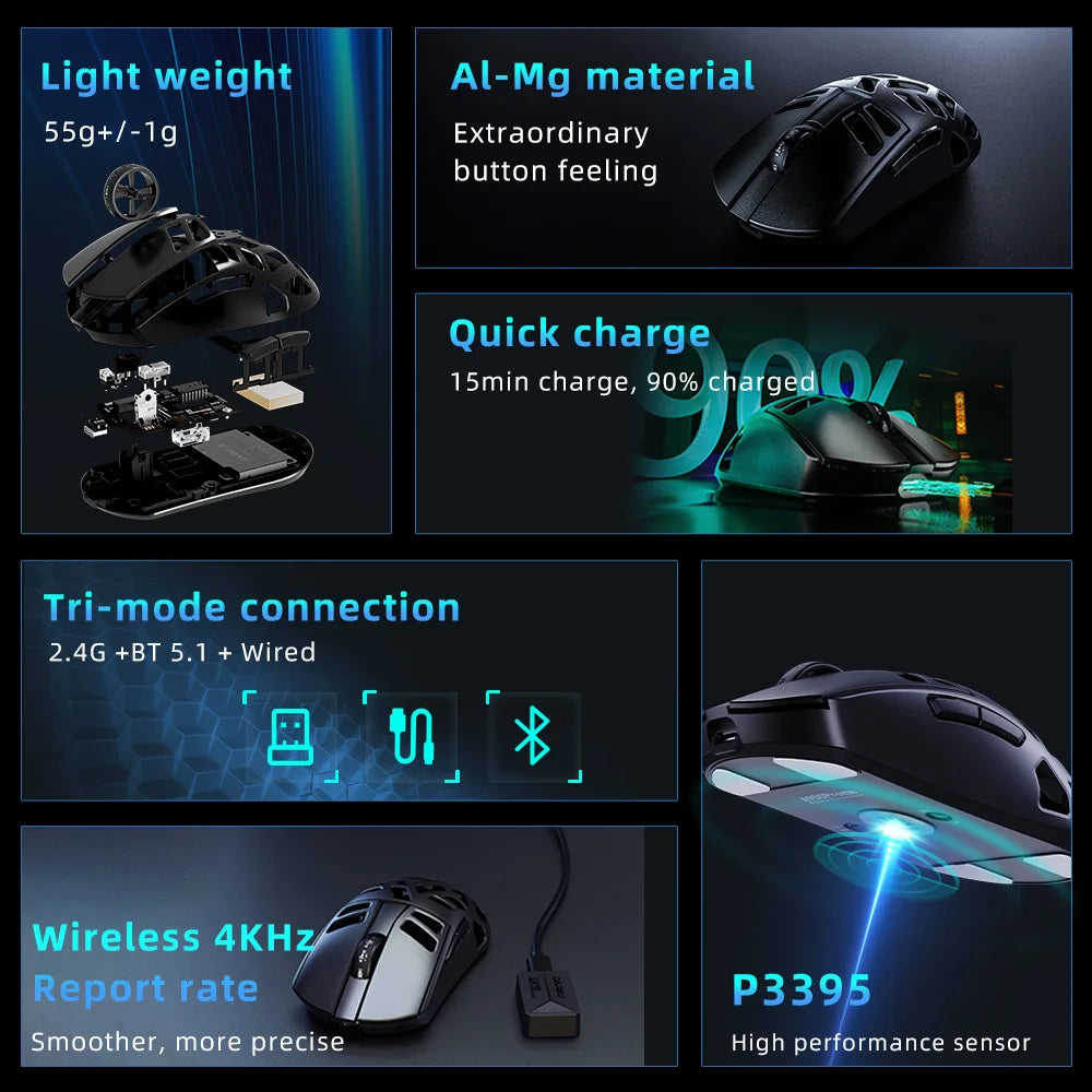 DAREU Al-mg Tri-mode 8Khz PBT trådløs gamingmus med hurtigopladning, PAW3950, 30000 DPI, letvægtsdesign til PC-gamere