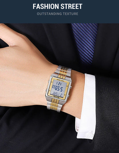 Skmei Luxury Digital Watches for Mens LED Waterproof Date Week Display Chronograph Fashion Dual Time Zones Bracelet Steel Watch