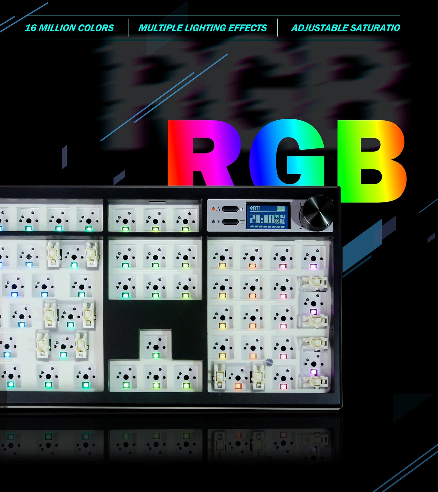 GMK104 Kit de Teclado Mecânico Gaming Tri-Mode Hot-Swap com Retroiluminação, Estrutura Gasket, VIA e Ecrã