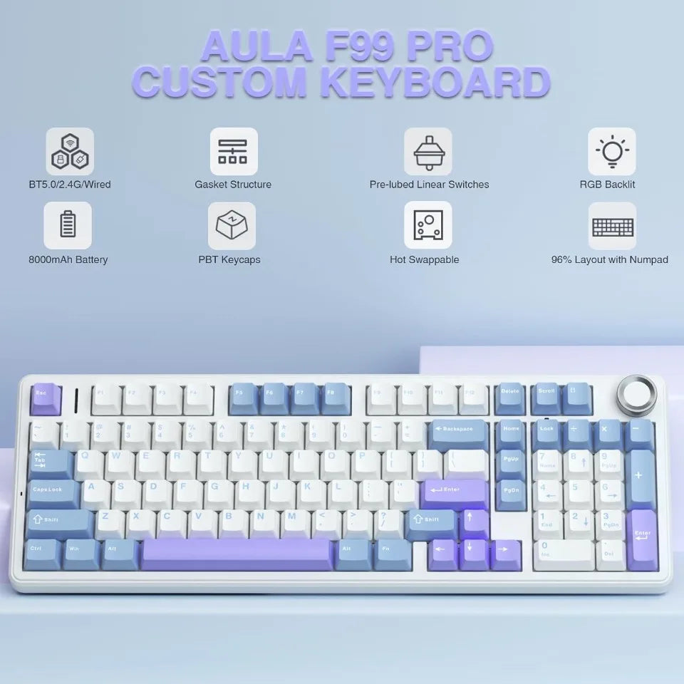 AULA F99 PRO Wireless Gaming Mechanical Keyboard 99 Keys Hot Swappable Gasket Structure 96% 8000mAh Battery Keyboard with Knob