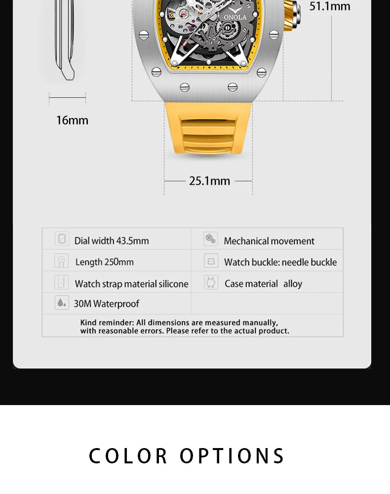 ONOLA Luxury Automatic Watch Men Fashion Hollow Silicone Waterproof Mechanical Watch Men Military Sports Watch Clock