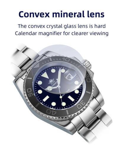 ADDIESDIVE Men's Quartz Watch 200m Waterproof Ceramic Bezel Steel Watch Magnifying Mirror Glass BGW9 Blue Luminous Diving Watch