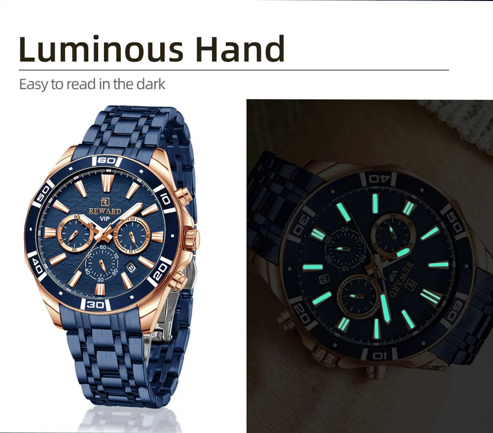 REWARD Mens Watches Waterproof  Luminous Quartz Wristwatch Business Stainless Steel Strap with gift box