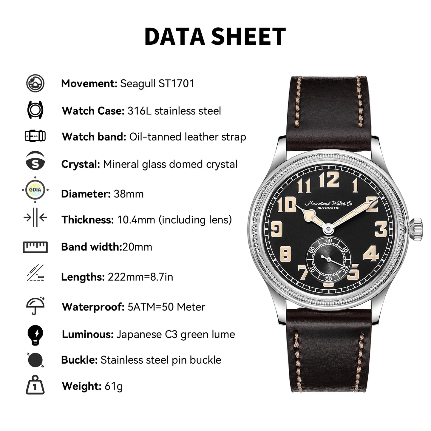 HRUODLAND Retro Flieger Automatic Watches for Men 38mm Seagull ST1701 Mechanical Wristwatch C3 Green Luminous K1 Mineral Bubble Crystal Oil Leather Strap Business Pilot Watch