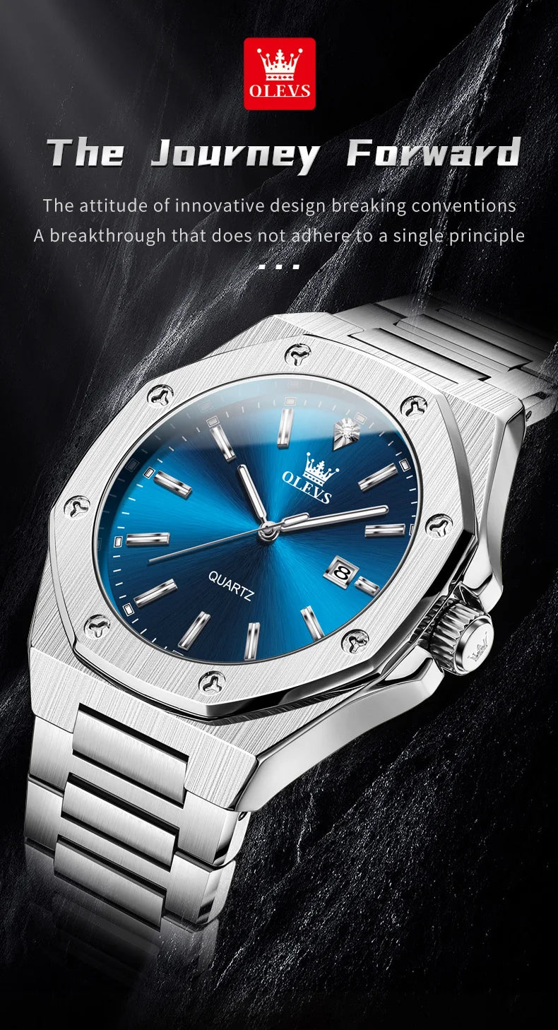 OLEVS Watches For Men Luxury Silver Blue Classic Quartz Watch for Man Waterproof Stainless Steel Luminous Reloj Hombre 2025
