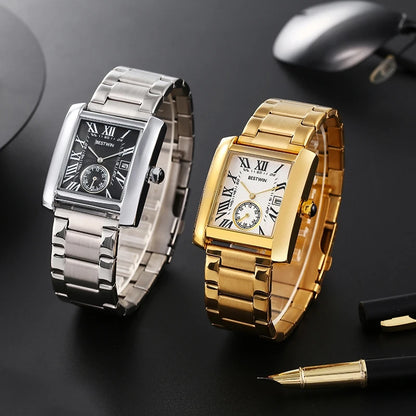 Luxury Men's Watch Men's Gold White Roman Digital Quartz Watch Metal Strap Rectangle Classic Brand Watch Business Men's Clock