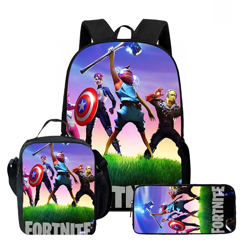Fortnite Cartoon 3pcs Backpack Set for Boys Girls Unisex Including School Bag Lunch Bag Pencil Case Suitable for ages 5-8