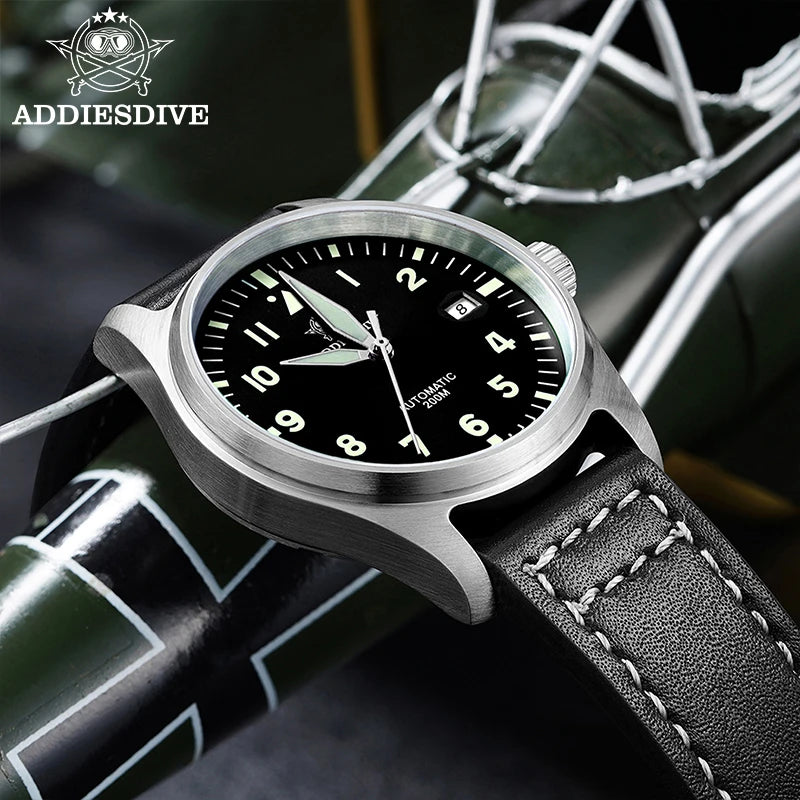 ADDIESDIVE Men's Automatic Mechanical Diving Watch 200m Waterproof C3 Ultra Bright Men's Watch Men's Leather Retro Watch AD2519
