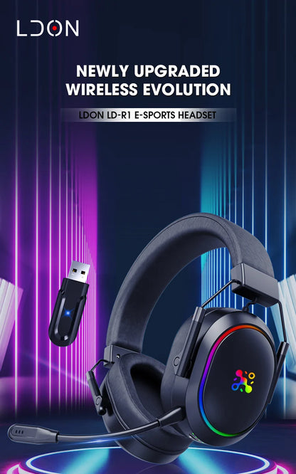 Auricular Gaming Sem Fios LDON PS5 PS4 Bluetooth 2.4GHz Som Surround 3D Microfone com Cancelamento de Ruído Baixa Latência