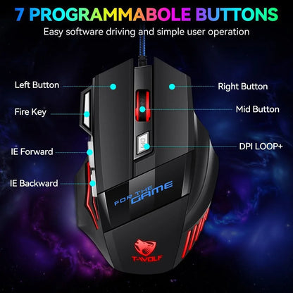 KEBIDUMEI Wired Gaming Mouse RGB Backlit 7 Button Ergonomic USB Mouse 2400 DPI Adjustable DPI Optical Mouse for PC Laptop