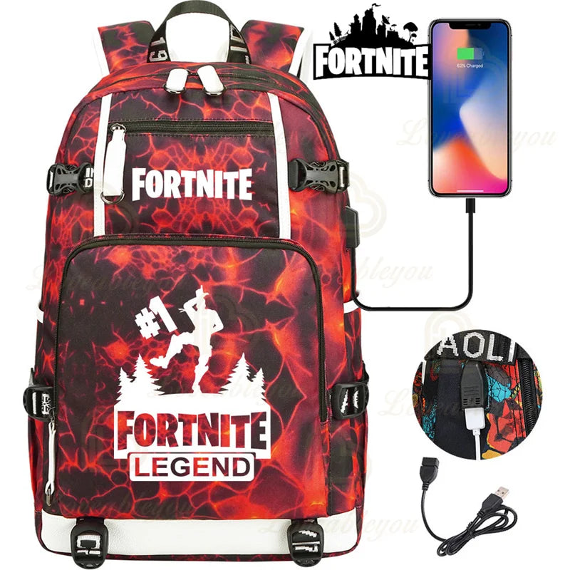 Yule Trooper F-Fortnited Battle Royale Backpack with USB Charging Anime Figures Study Stationery Compartment Students Mochila