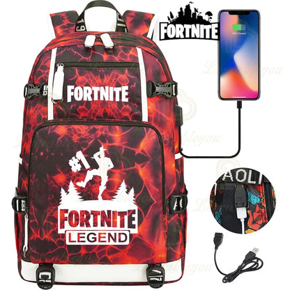 Yule Trooper F-Fortnited Battle Royale Backpack with USB Charging Anime Figures Study Stationery Compartment Students Mochila