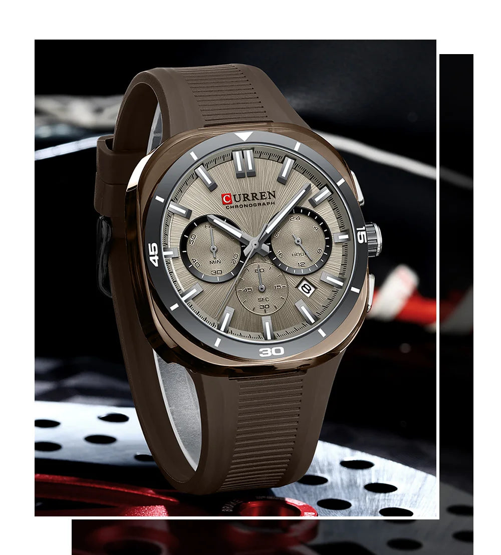 CURREN herenhorloge – Nieuw luxe quartzmodel, siliconen band, sportieve stijl, multifunctioneel, waterdicht, verlicht, met datumweergave en chronograaf.
