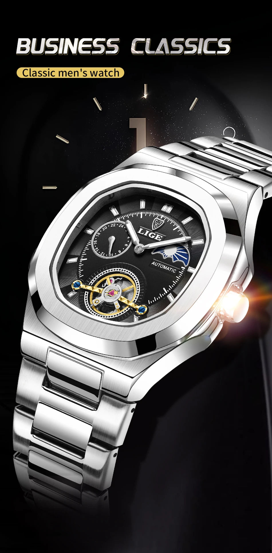 LIGE Watch For Man Luxury Business Waterproof Luminous Mechanical Watches Fashion Moon Phase Automatic Movement Men's Watches