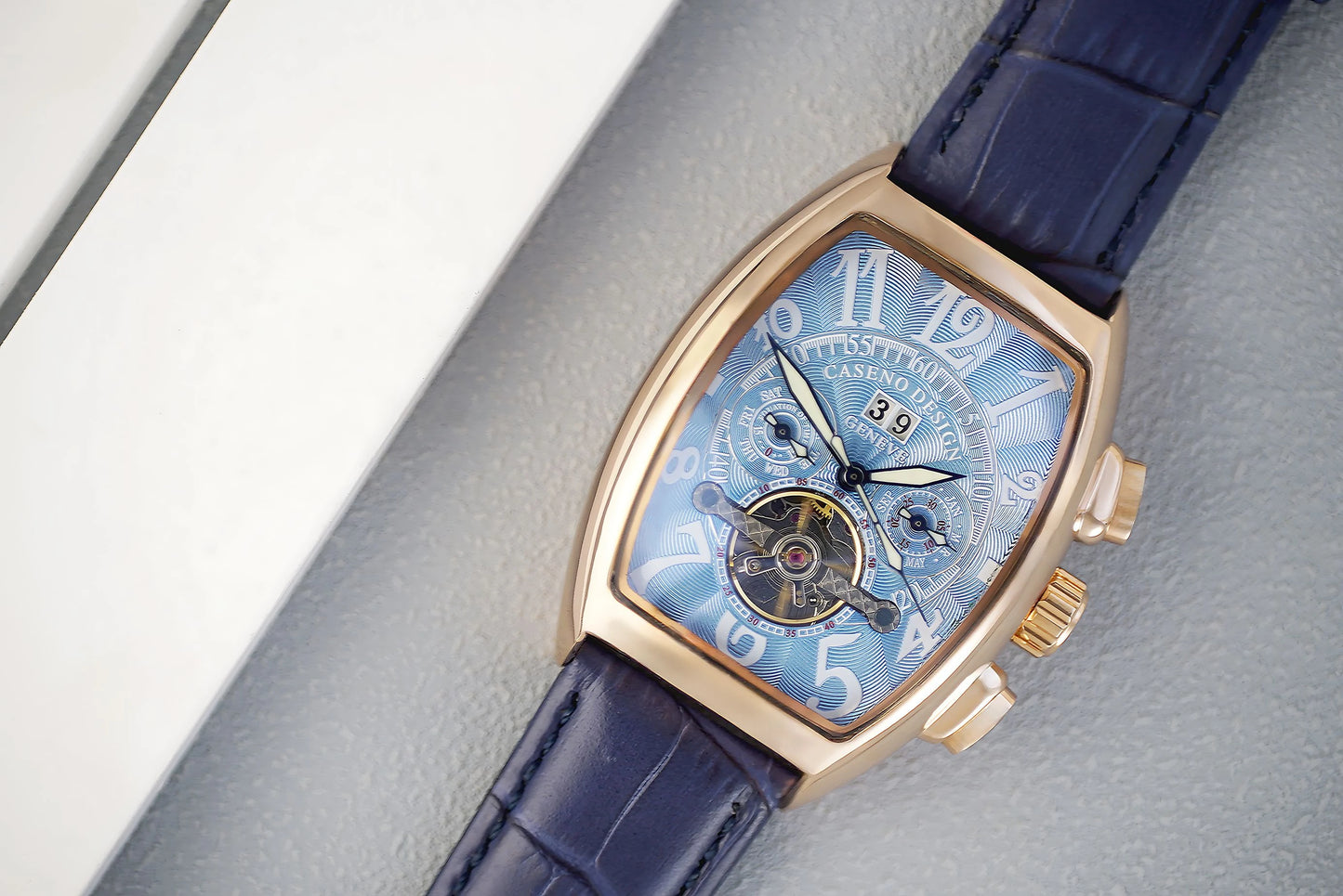 CASENO Top Luxury Brand Men's Fully Automatic Mechanical Tourbillon Watch Calendar Night Glow Tonneau Skeleton Watch -577G