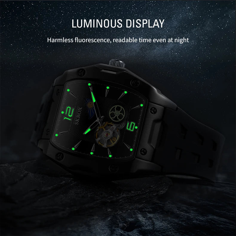 SKROX Designer Luxury Moon Phase Toubillon Automatic Movement Mechanical Clock High Quality Waterproof Silicone Men's Watches