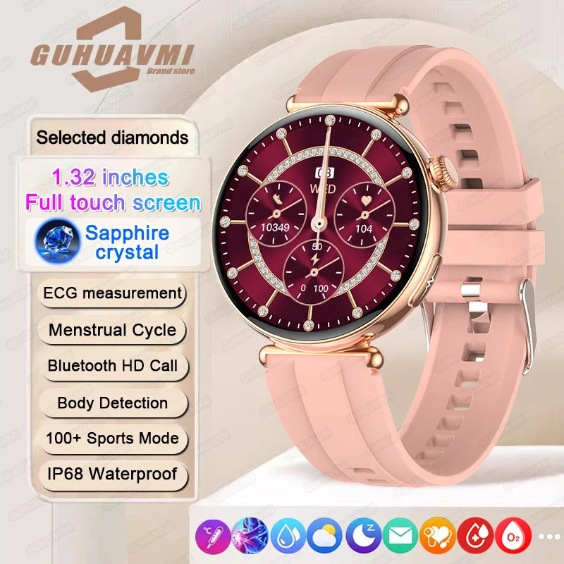 New 1.32inch Smart Watch For Women Health ECG Health Lady Watches Full Touch Screen Call Custom Dial Diamond Strap Smartwatch