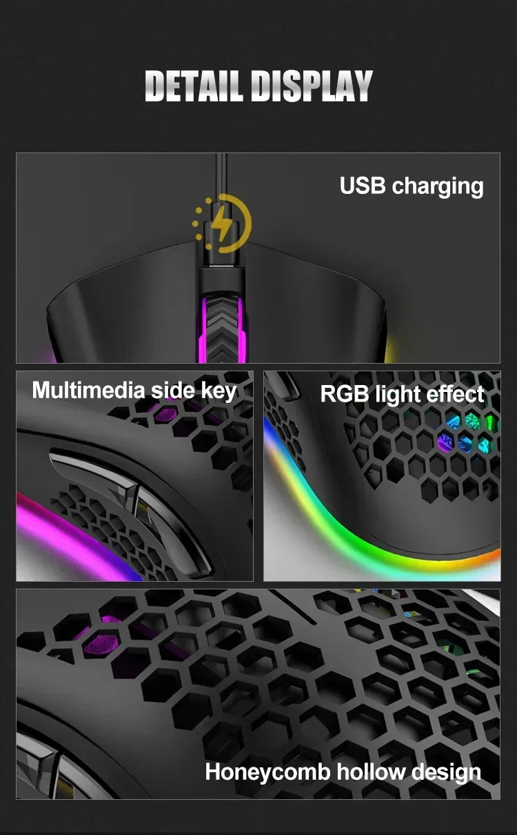 BM600 Wireless Gaming Mouse USB 2.4GHz Rechargeable RGB Wireless Mouse, Ergonomic Honeycomb Optical Mouse for PC, Laptop & Office