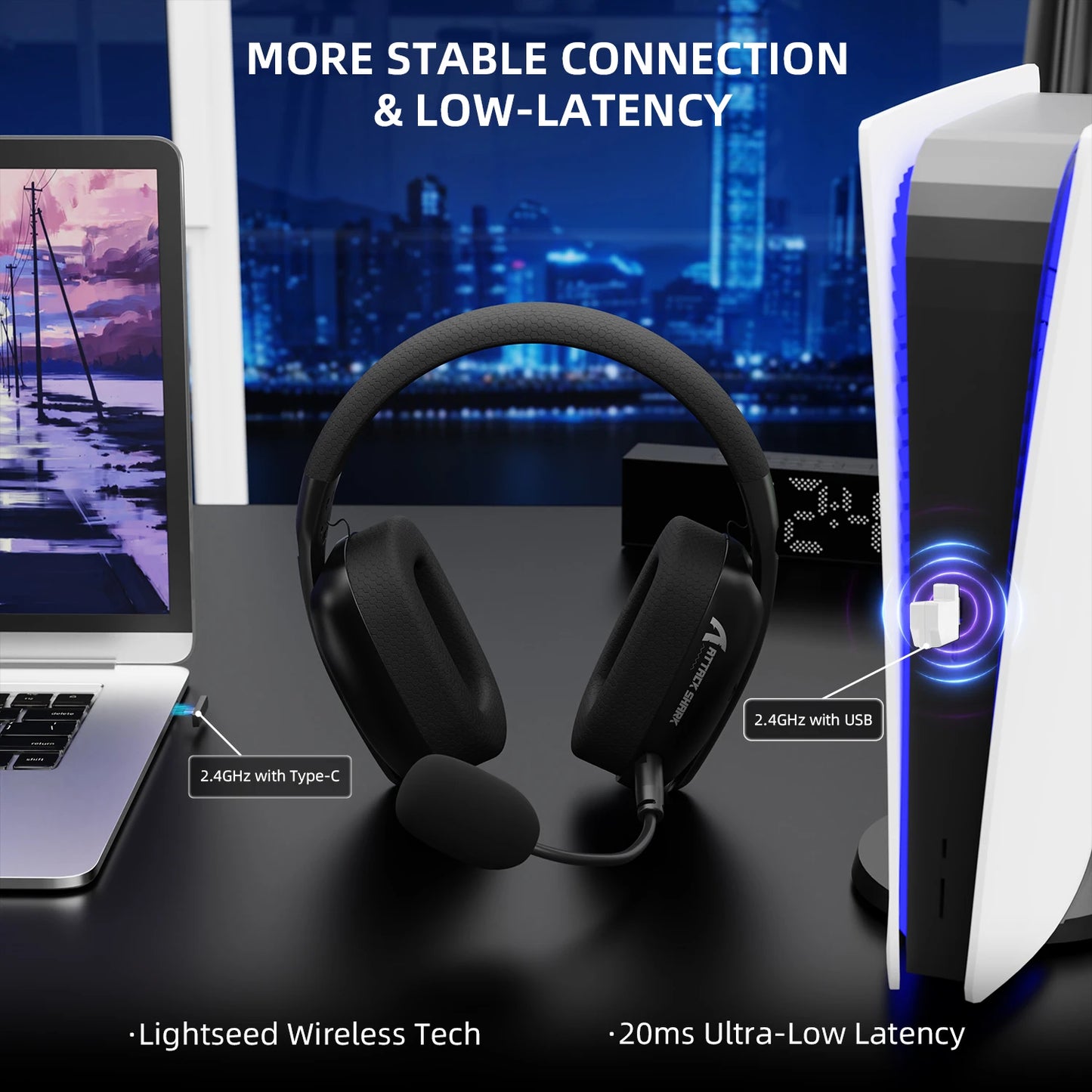 ATTACK SHARK L80PRO Auscultadores Gaming 3 em 1 – Auscultadores Bluetooth sem fios de baixa latência com microfone duplo, som Hi-Fi 40mm e ligação estável para gaming