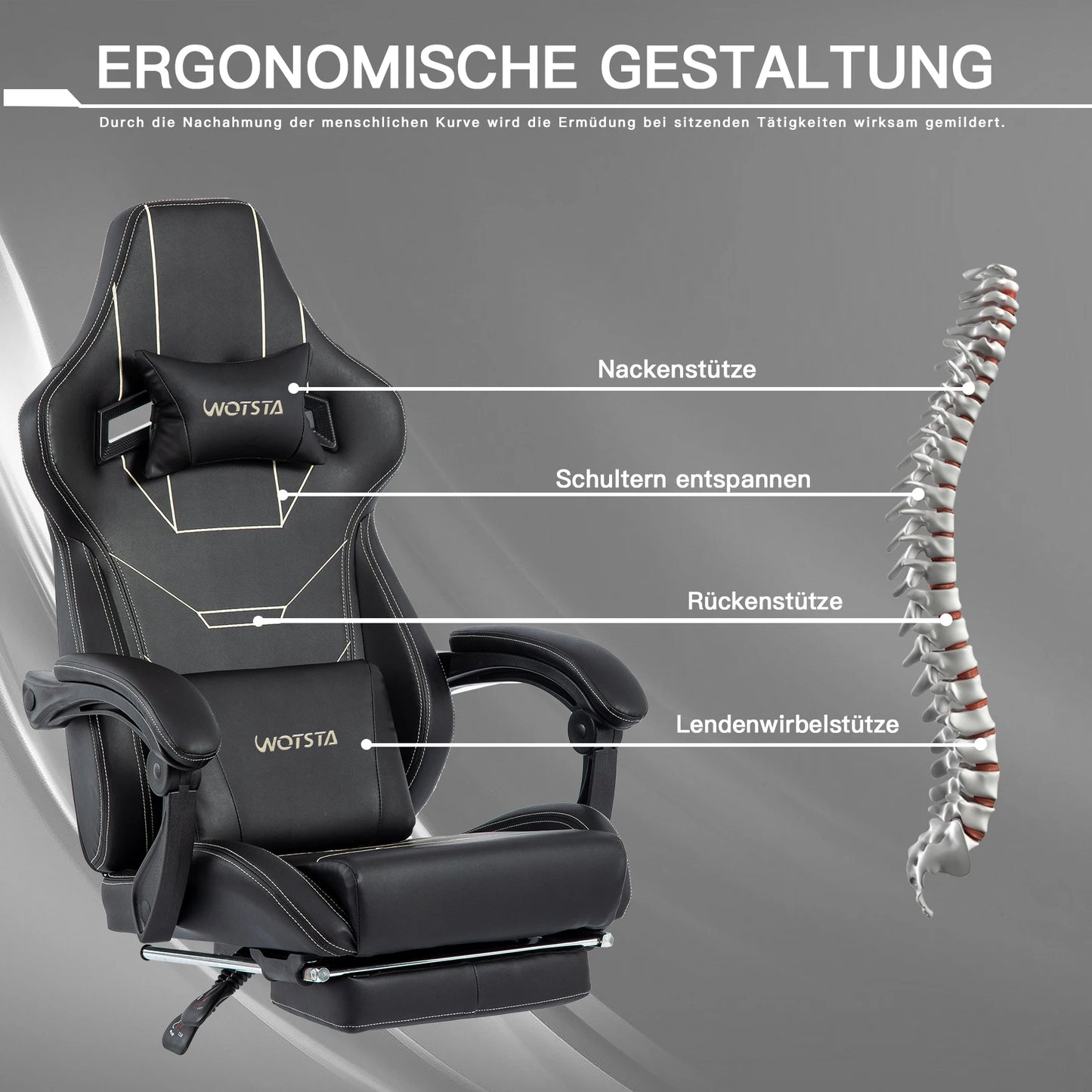 WOTSTA Ergonomic Gaming Chair with Footrest, Racing Computer Chair, Adjustable Height Office Chair with Armrests, Comfortable Leather Gaming Seat