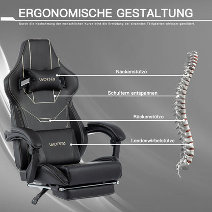 WOTSTA Ergonomic Gaming Chair with Footrest, Racing Computer Chair, Adjustable Height Office Chair with Armrests, Comfortable Leather Gaming Seat