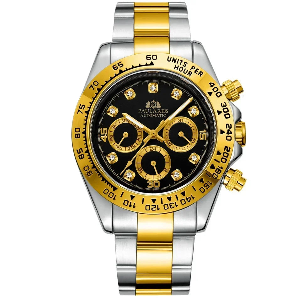 Automatic Mens Watch Mechanical Self Wind Movement Gold Black Stainless Steel Diamonds Stone Sports Luxury Fashion Watches