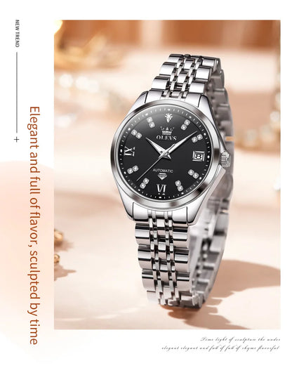 OLEVS 9801 Womens Watch Luxury Fashion Waterproof  Automatic Mechanical Watch Stainless Steel Diamond Date Ladies Watch Set