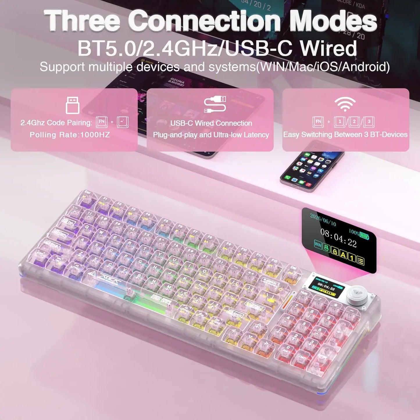 AULA F98Pro V3 Mechanical Keyboard 3-mode Wireless Bluetooth Hot-swap E-sports Customized Transparent Keycaps RGB Game Keyboards
