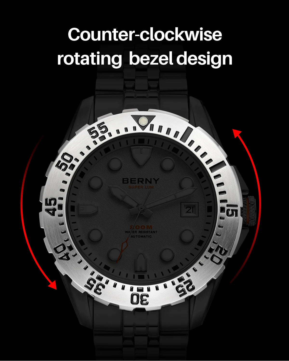 BERNY Men's Automatic Diver Watch Supper Luminous Sapphire AR Coated MIYOTA 8215 316LStainless Steel Single Crown Diving Watches