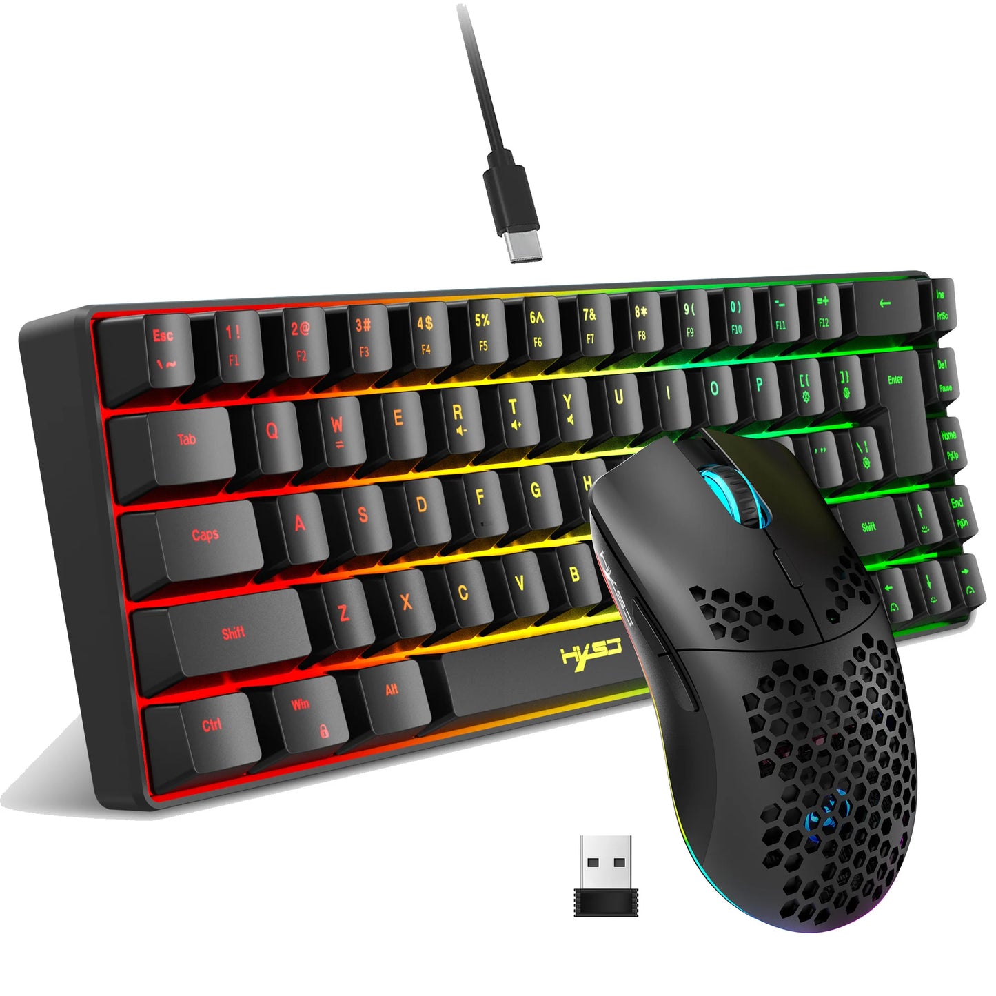 Conjunto portátil de teclado e rato gaming HXSJ 60% RGB: teclado de membrana com fios de 68 teclas e rato sem fios leve de 3 modos para PC e Mac