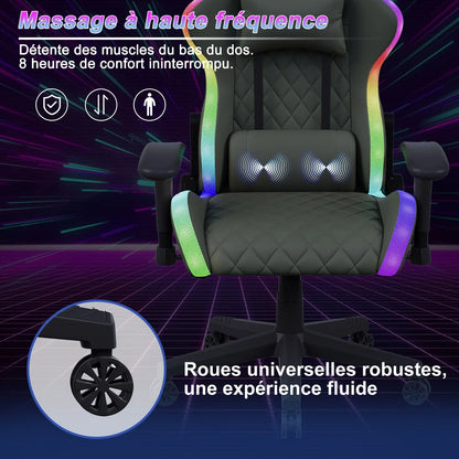 Rosahqnda LED gaming chair with ergonomically adjustable backrest, PU leather office chair, lumbar support cushion & pillow