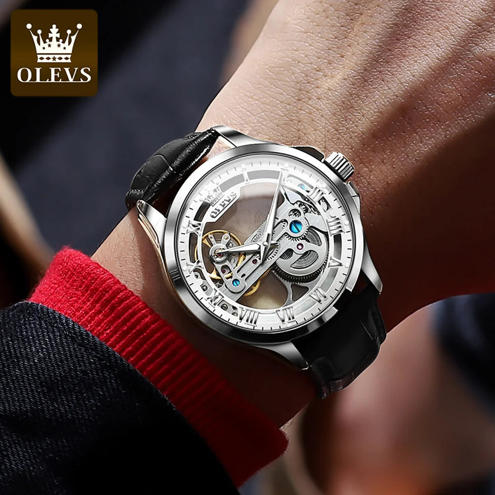 OLEVS Skeleton Automatic Mechanical Watch Men Leather Strap Luminous Waterproof Luxury Business Wristwatch For Man 6661