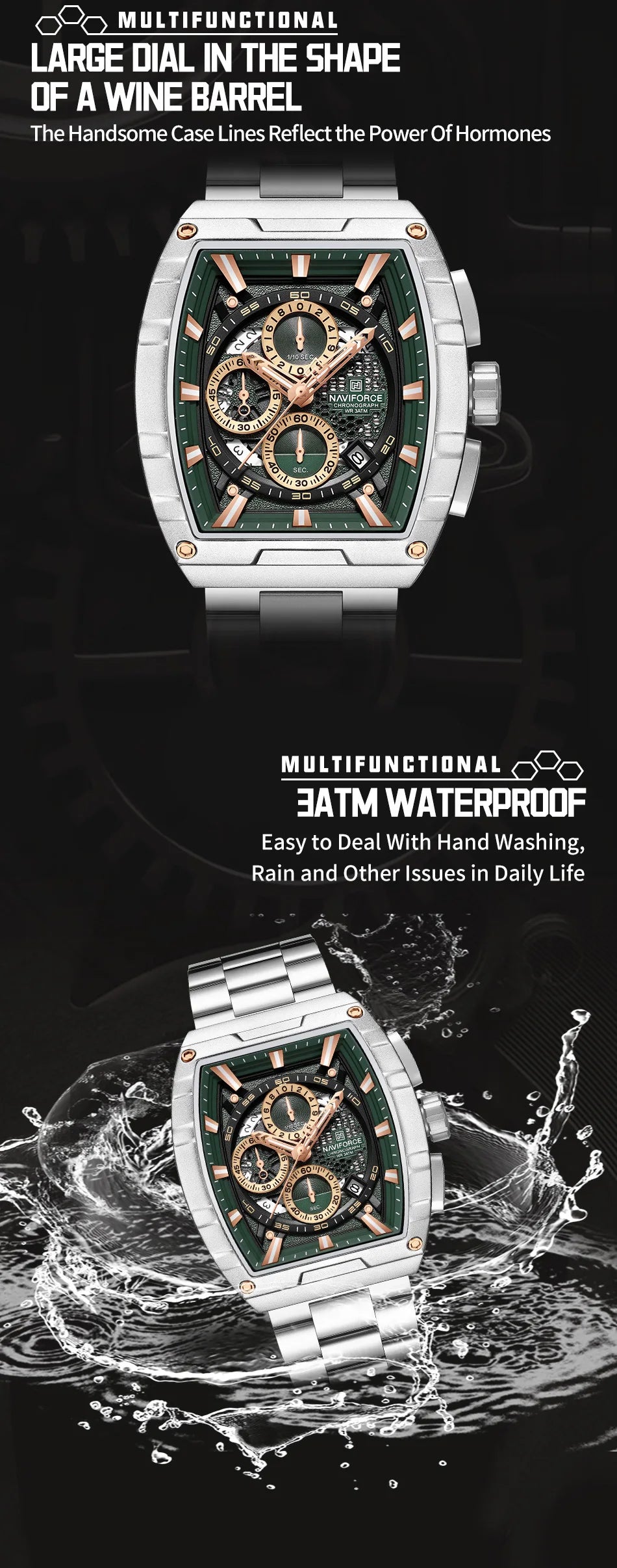 NAVIFORCE Luxury Chronograph Quartz Watch for Men Fashion Tonneau Stainless Steel Man Watches Waterproof Luminous WristWatch