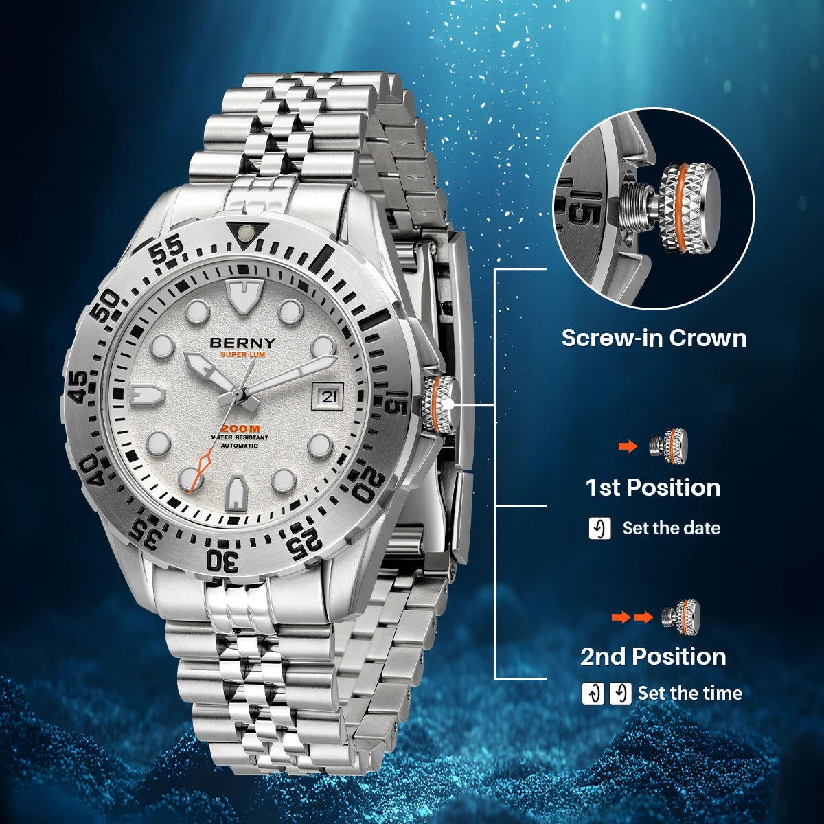 BERNY Men's Automatic Diver Watch Supper Luminous Sapphire AR Coated MIYOTA 8215 316LStainless Steel Single Crown Diving Watches