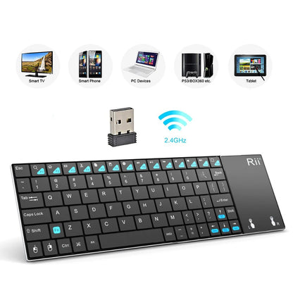 Teclado sem fios russo, espanhol, inglês e francês Rii K12+/i12+ Mini com touchpad para Android, portátil, PC e TV Box
