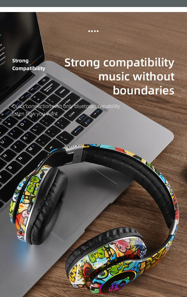 Auscultadores Gaming Bluetooth Sem Fios New Graffiti LX-8686 com Microfone, Iluminação LED, Suporte para Cartão TF, Graves Profundos e Design Over-Ear para PC, Gaming e Crianças