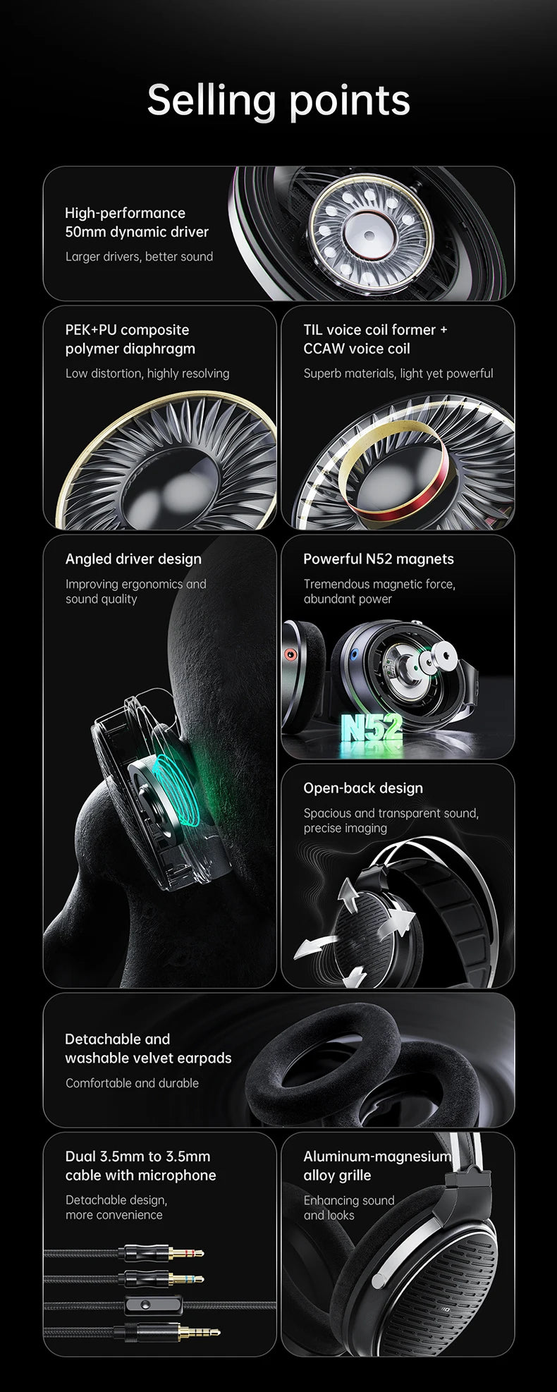 Auscultadores FiiO JT3 Over-Ear com Fio e Design Aberto, Driver Dinâmico de 50mm HiFi, Cabo Amovível
