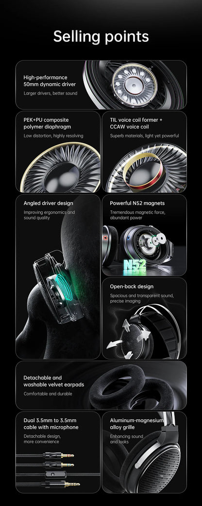 Auscultadores FiiO JT3 Over-Ear com Fio e Design Aberto, Driver Dinâmico de 50mm HiFi, Cabo Amovível
