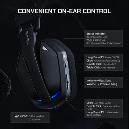 Auscultadores Gaming Sem Fios Tri-Mode EKSA G19BT – Bluetooth 5.4, Auscultadores Gaming 2.4GHz de Baixa Latência com Microfone para PC, PS5, Xbox