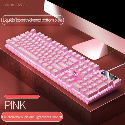 Teclado K500 rosa de cores mistas com teclas brancas e rosa, 104 teclas, teclado gaming com fios para portátil e PC