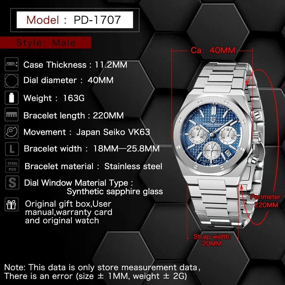 2025 PAGANI DESIGN PD1707 Mens Quartz Wristwatches 40MM Stainless Steel Sapphire Glass Waterproof Luxury Clock Gift Reloj Hombre