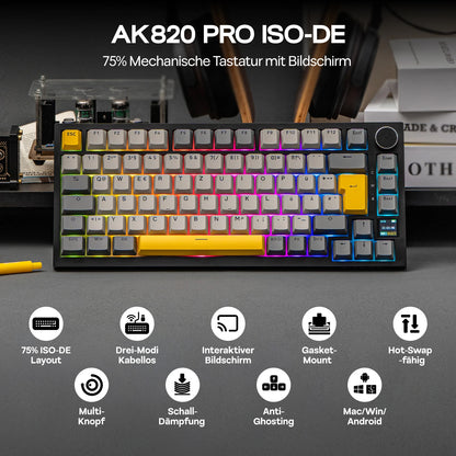 ISO-DE Layout AJAZZ AK820 PRO 75% QWERTZ German Layout Mechanical Keyboard Tri-Modes Wireless Keyboard with TFT Screen NKRO RGB